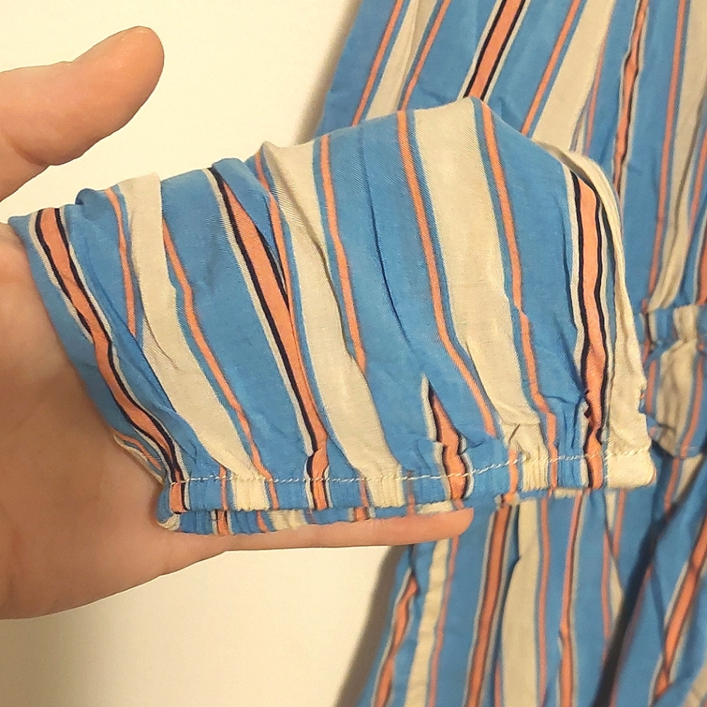 📣 Kori America Blue & Pink Striped Drawstring Waist Button-Down Top NWT Size L - Picture 8 of 12